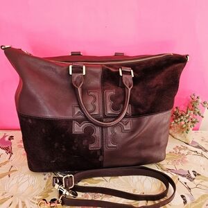 Tory Burch 'Natalie' Satchel Leather & Suede Purple Tote Large